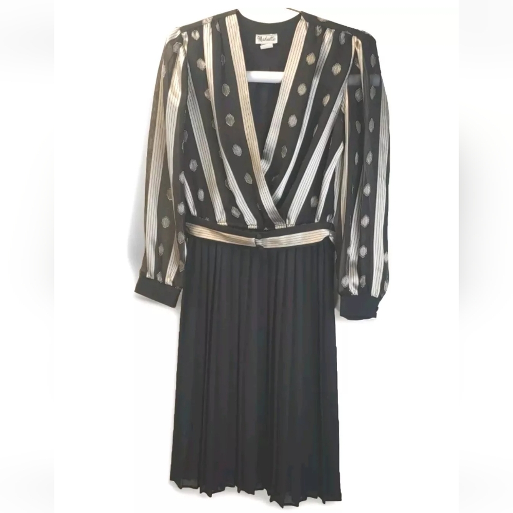Vtg 70s 80s Retro Metallic Midi Dress Holiday Party Pleated Black Y2k Whimisgoth